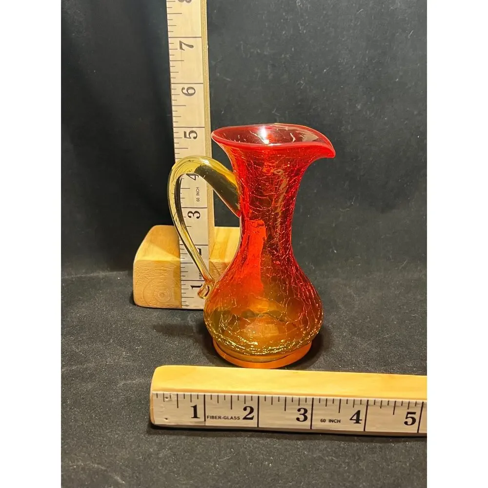 Hand Blown Glass Creamer Pitcher, Orange Fade, Crackle Glass